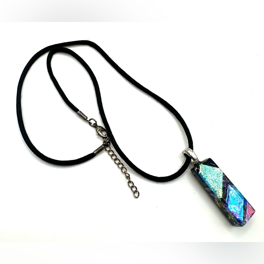 Dichroic Blue Art Glass Pendant Necklace 21” Black Cord & Extender-Handcrafted